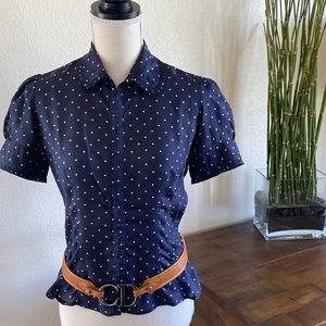 RALPH LAUREN 100% Silk navy & gold polka dot short sleeve size 6